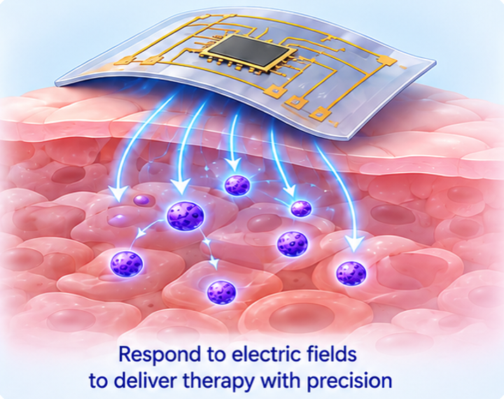Illustration of a flexible bioelectronic chip delivering therapy to cells in response to electric fields