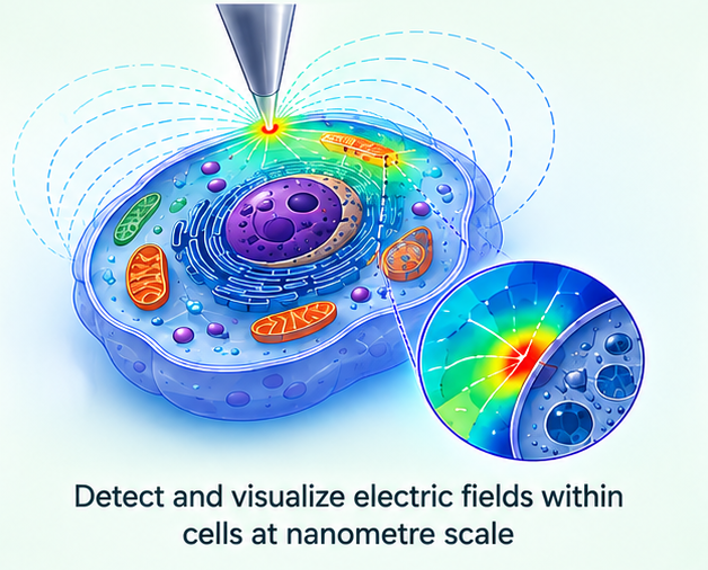 Illustration of a probe detecting and visualising electric fields within a cell at nanometre scale