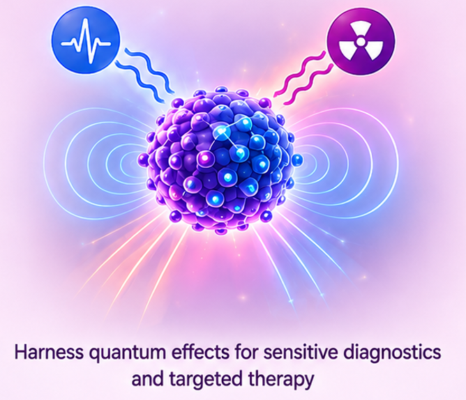 Illustration of a quantum nanomaterial harnessing quantum effects for diagnostics and targeted therapy