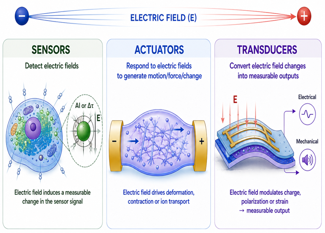 Diagram showing electric field responsive sensors, actuators and transducers
