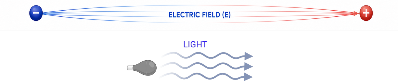 Diagram showing an electric field between a negative and a positive charge, and light waves emitted from a bulb